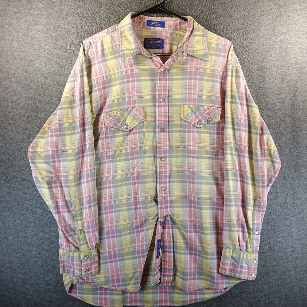 Pendleton Long Sleeve Shirt Mens L Pearl Snap Western Plaid 100% Cotton